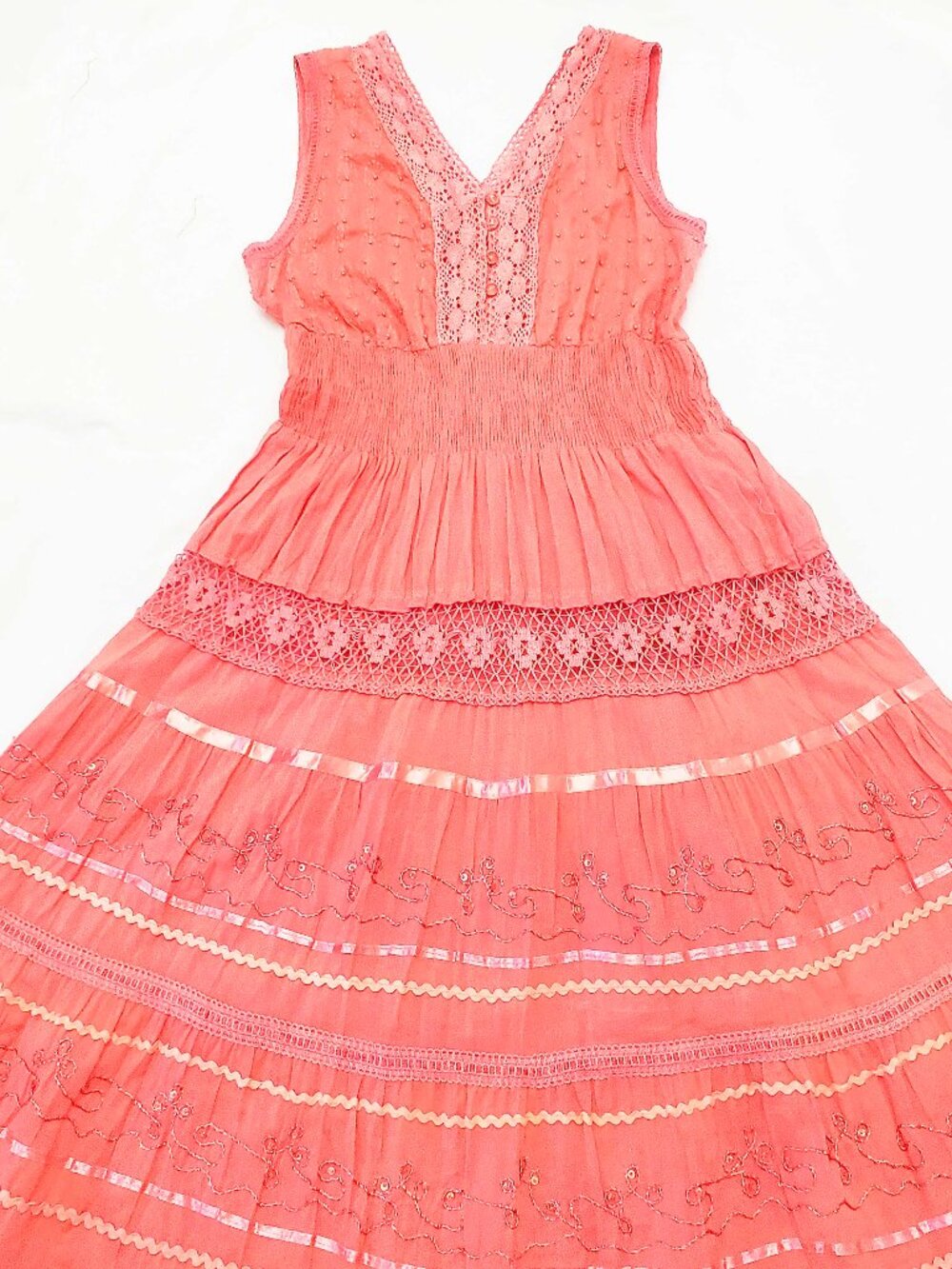 JMB Signature Women's Coral Pink Cotton Gauze Summer Dress Lace Beaded Boho M